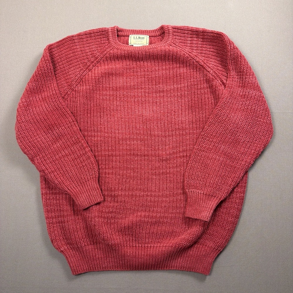 Vintage LL Bean Sweater Men XL Pink Crew Neck Fisherman Waffle Knit Cotton 80s - Picture 1 of 7